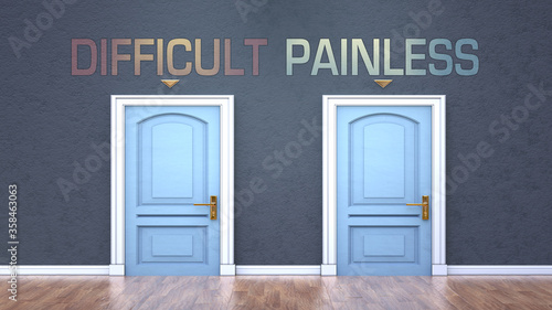 Difficult and painless as a choice - pictured as words Difficult, painless on doors to show that Difficult and painless are opposite options while making decision, 3d illustration
