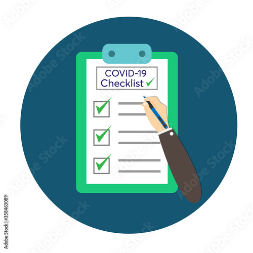 hand holding a pen checking Covid-19 Checklist clipboard icon vector