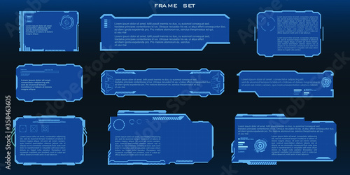 Set of user interface elements in the style of HUD, GUI, UI. Vector frames, callouts with text panels and a description. HUD-style dashboards