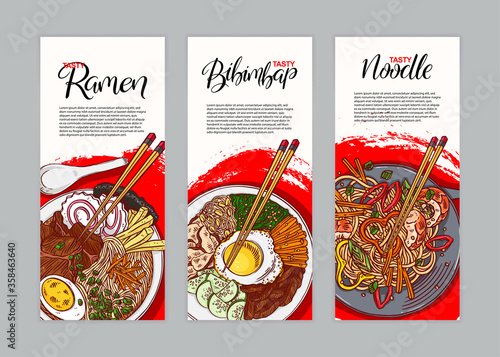 three banners with different asian food