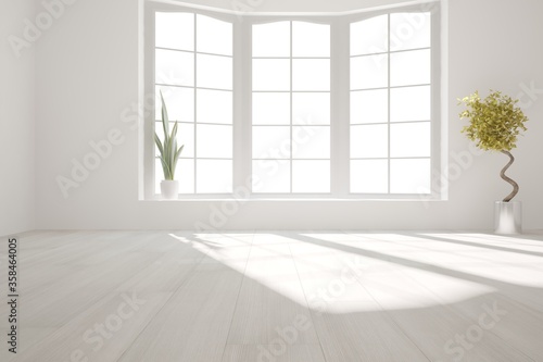 modern empty room with plants in pots interior design. 3D illustration