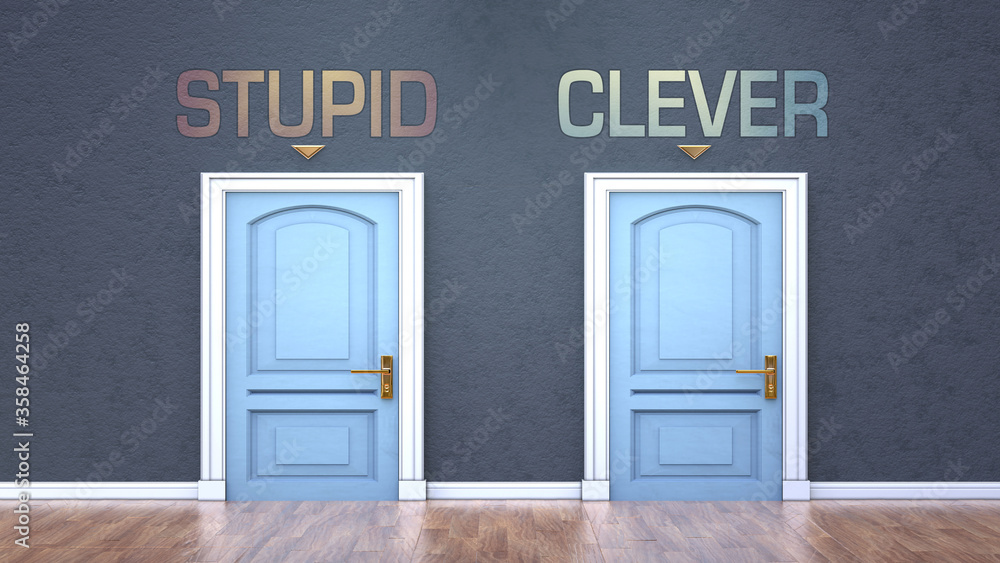 Stupid and clever as a choice - pictured as words Stupid, clever on doors to show that Stupid and clever are opposite options while making decision, 3d illustration Stupid and clever as a choice - pictured as words Stupid, clever on doors to show that Stupid and clever are opposite options while making decision, 3d illustration