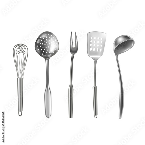 Vector set of 3d realistic kitchen utensils. Corolla, scoop, meat knife, spatula.