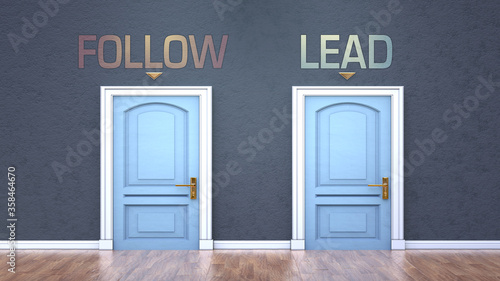Follow and lead as a choice - pictured as words Follow  lead on doors to show that Follow and lead are opposite options while making decision  3d illustration
