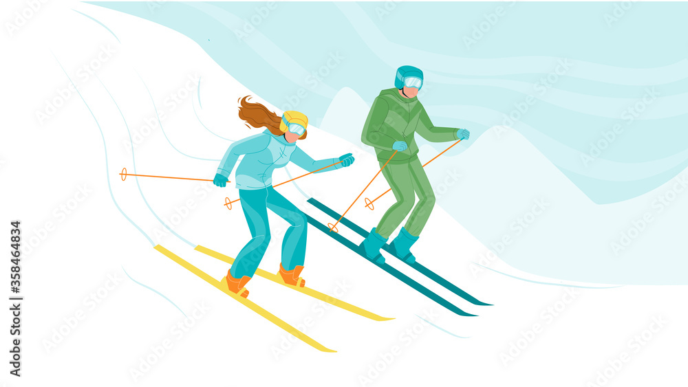 Man And Woman Skiing Downhill From Hill Vector