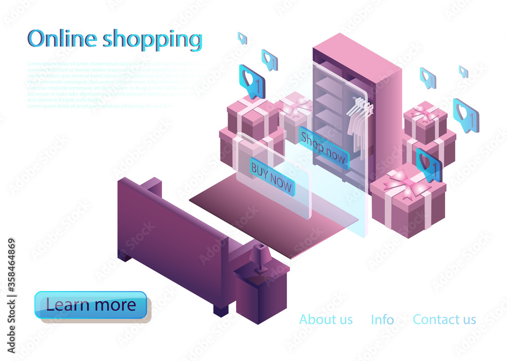 3d isometric online shopping concept banner,  template page. For web and mobile phone and apps.