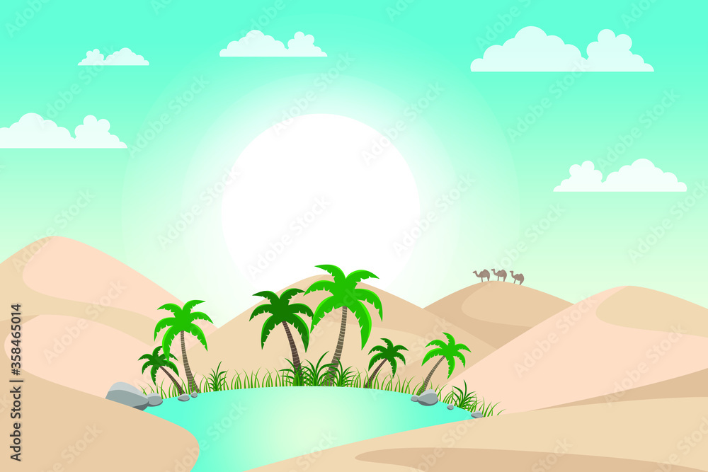 Desert landscape with oasis background. Vector illustration.
