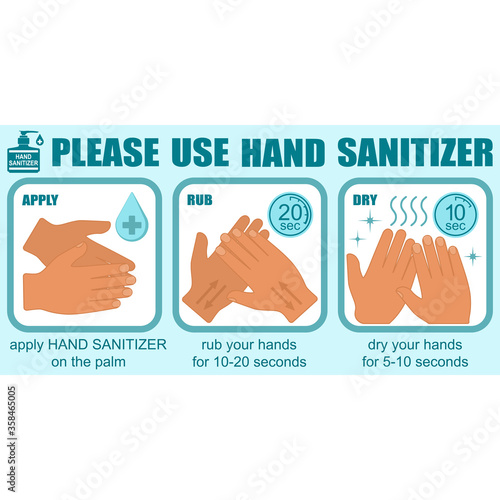 Healthcare infographic elements. PLEASE USE HAND SANITIZER. Vector illustration.