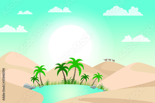 Desert landscape with oasis background. Vector illustration.
