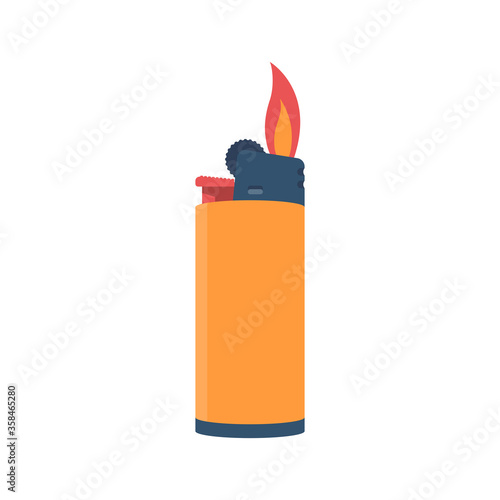 Flat style lighter isolated on a white background. Fire from a lighter. Cartoon icon. Vector illustration flat design. Graphic template for web design and print.