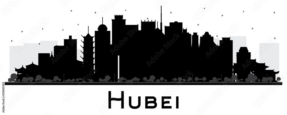 Hubei Province in China. City Skyline Silhouette with Black Buildings Isolated on White.