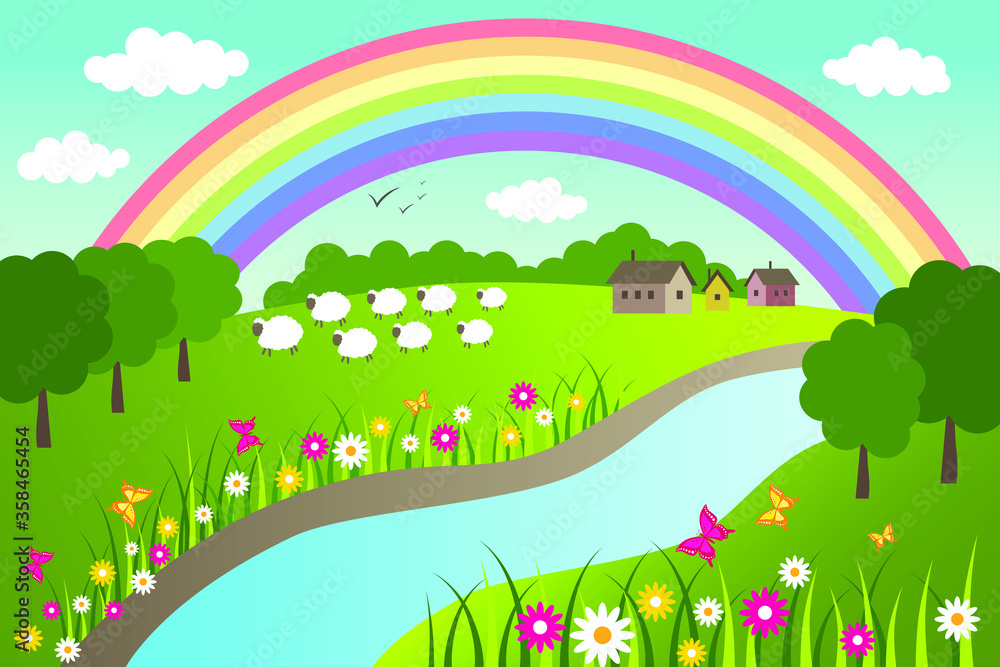 Spring and summer rural landscape with rainbow and river. Vector illustration.