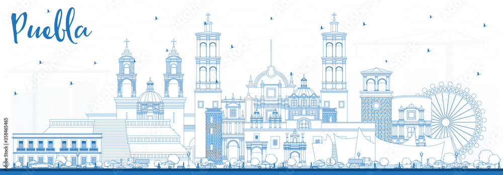 Outline Puebla Mexico City Skyline with Blue Buildings.