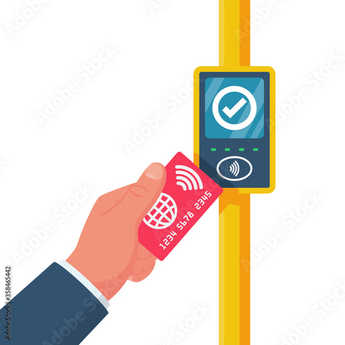 Cashless ticketing. Public transport. Online payment system in public transport bus, metro, tram, trolley. Plastic card in the hand. Vector illustration flat design. Isolated on white background.