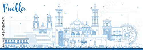 Outline Puebla Mexico City Skyline with Blue Buildings.