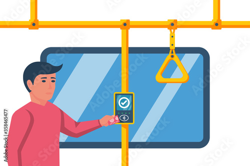 Person pays for travel in transport. Cashless ticketing. Public transport. Online payment system in public transport bus, metro, tram, trolley. Plastic card in hand. Vector illustration flat design.
