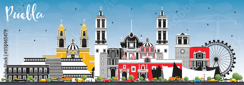 Puebla Mexico City Skyline with Color Buildings and Blue Sky.