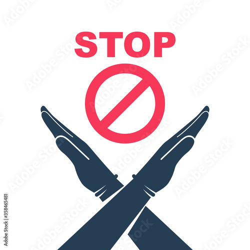 Hand gesture crosswise. Flat icon black silhouette. Rejection expression crossing arms. Negative symbol. Stop red sign. Doctor saying no. Defense or restriction. Vector illustration flat design.