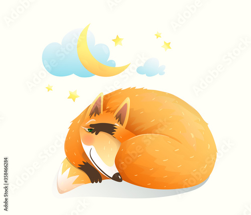 Cute sly red Fox sleeping under the moon and night starry sky, baby animal sweet and sleepy cunning red fox. Watercolor style vector cartoon illustration for kids room decoration or nursery art.