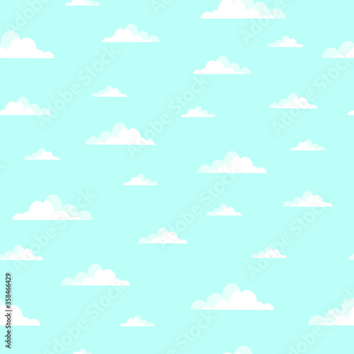 Vector illustration. White clouds on blue background seamless pattern. 