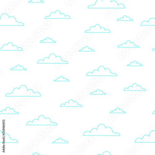 Vector illustration. Blue outline contour clouds on white background seamless pattern.