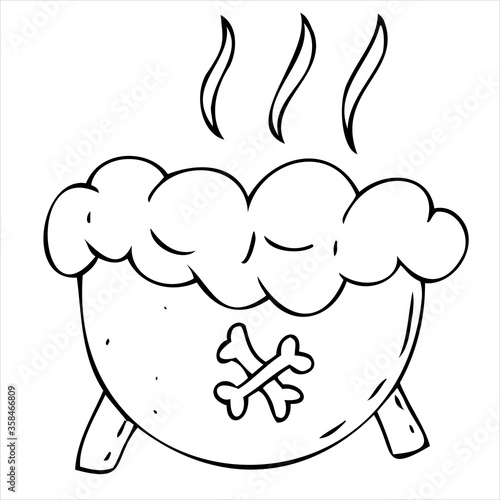 scary dangerous witch s cauldron, brewed potion, poison, witchcraft, vector decorative element for halloween celebration in doodle style, black outline