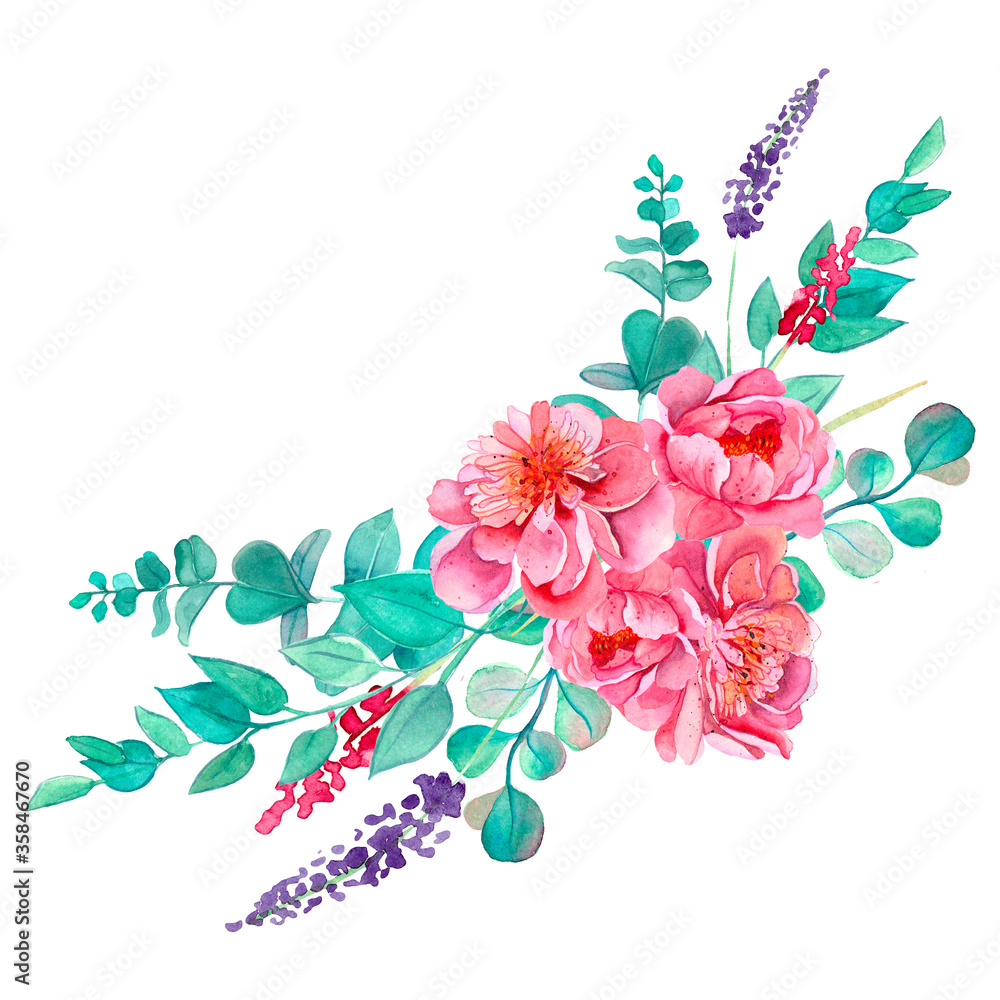 Fototapeta premium Beautiful floral arrangement with peonies. Pink peonies. Bouquet of watercolor flowers.