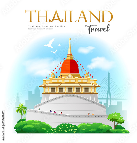 Golden Mount, with red fabric, welcome to Wat Saket bangkok thailand festival, vector illustration