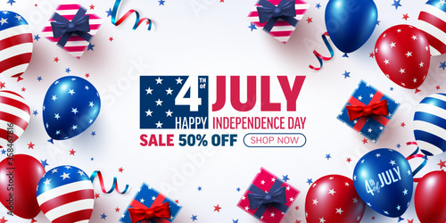 4th of July Sale poster template.USA independence day celebration with American balloons flag.USA 4th of July promotion advertising banner template for Brochures,Poster or Banner