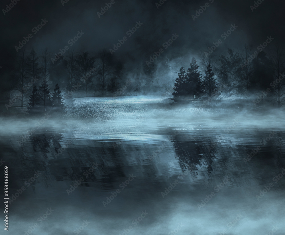 Темный холодный пейзаж с рекой. Зимний фон, отражение на воде лунного  света. Драматическая сцена, дым, смог, туман, снег. Illustration Stock |  Adobe Stock