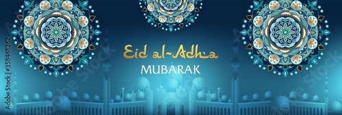 Eid Al Adha mubarak with Sheikh Zayed Mosque and arabesque. Shiny silhouette Abu Dhabi. Islamic holiday of Sacrifice kurban bayram. Holy month muslim template. Islam greeting card. Vector illustration