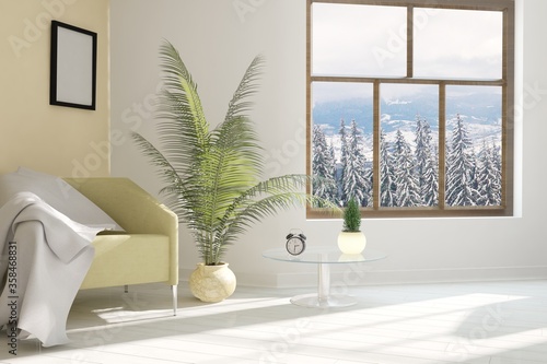 modern room with armchair,plaid,table,plants,clock and mountain background in windows interior design. 3D illustration photo