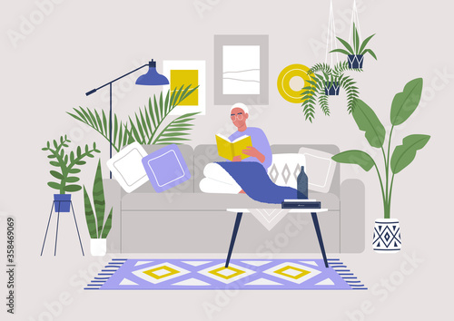 Young male character sitting on sofa and reading a book, cozy boho interior with plants and ethnic decoration, stay at home