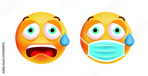 Cute Scared Emoticon with Face Mask on White Background. Isolated Vector Illustration 
