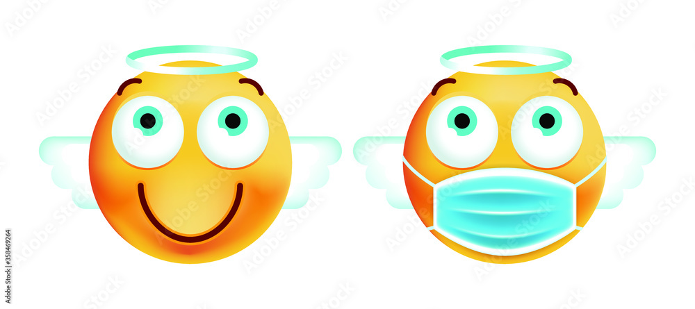 Cute Angel Emoticon with Face Mask on White Background. Isolated Vector Illustration 
