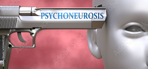 Psychoneurosis can be dangerous - pictured as word Psychoneurosis on a pistol terrorizing a person to show that it can be unsafe or unhealthy, 3d illustration