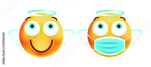 Cute Angel Emoticon with Face Mask on White Background. Isolated Vector Illustration 