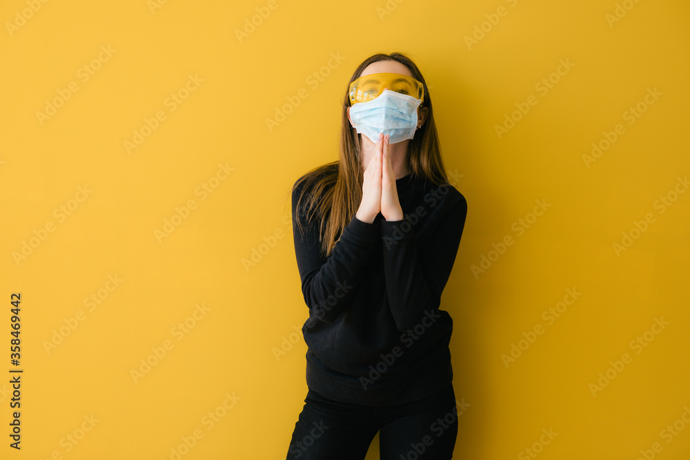 Women have a cold, chest pain, cough and sneeze on yellow background
