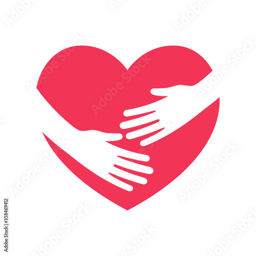 Hug the heart. Hands embracing heart flat logo. Symbol of love and social assistance. Red silhouette of the heart. Hand pictogram. Vector illustration cartoon design. Isolated on white background.