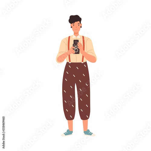 Cheerful hipster girl holding camera take photo vector flat illustration. Funny young woman photograph amateur standing with modern equipment isolated on white. Cute character photographing