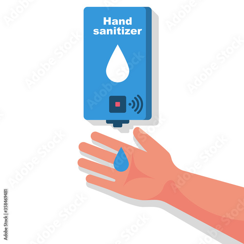 Hand sanitizer wall. People use automatic alcohol antiseptic gel. Drop of antibacterial gel in palm. Prevention coronavirus covid-19. Sanitizer bottle hygiene product. Cleaning washing hands. Vector.
