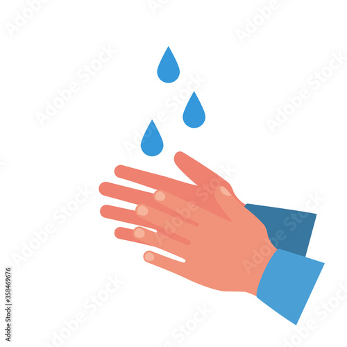 Hand washing. Drops of water or disinfection on hands. Vector illustration flat design isolated on background. Personal hygiene. Disinfection, antibacterial washing.