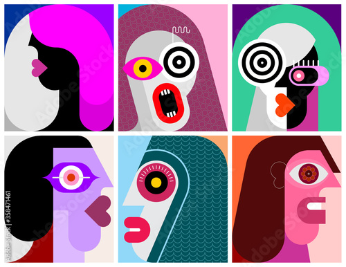 Six Portraits modern art vector illustration. Composition of six different abstract images of human face.