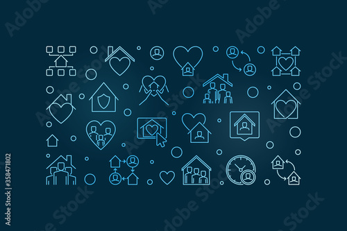 Vector Stay at Home linear concept blue horizontal banner or illustration on dark background