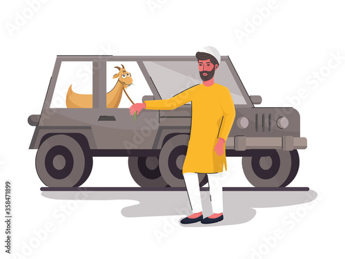 Muslim Man holding a Rope of Goat on Jeep Illustration. photo