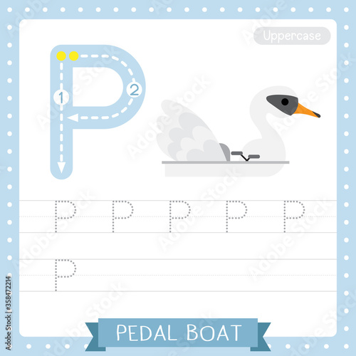 Letter P uppercase tracing practice worksheet of Swan Pedal Boat