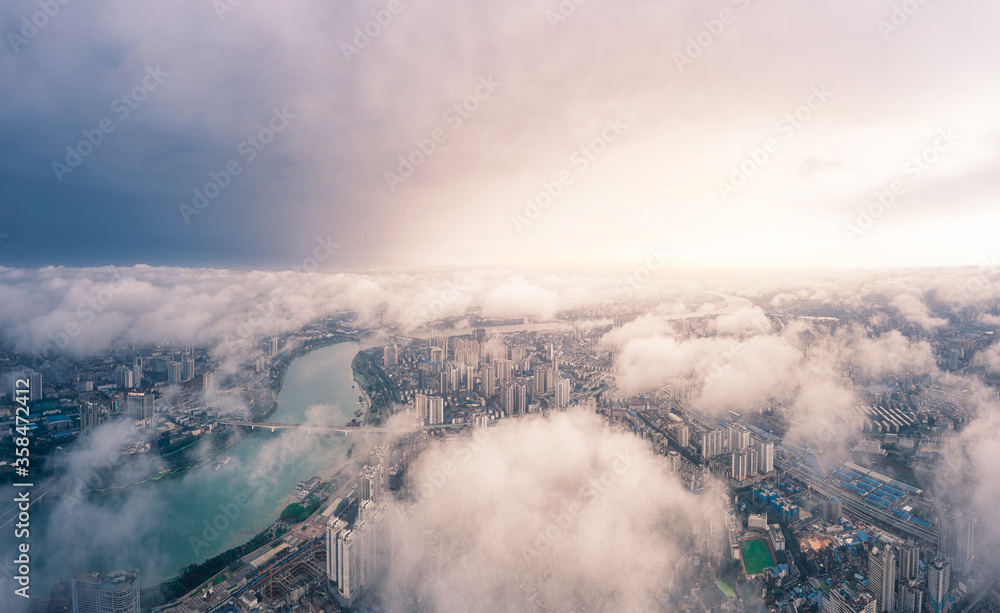 aerial view of the clouds and city