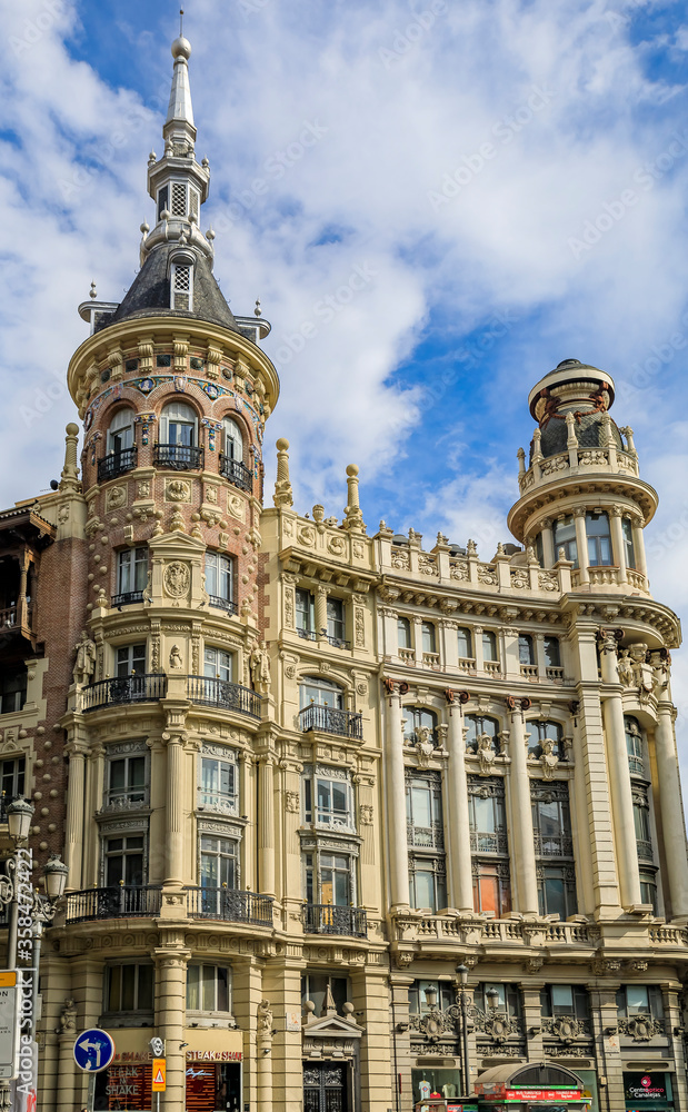 Ornate exterior of Casa de Allende, building from the beginning of 20th century in Plaza de Canalejas in Madrid, Spain