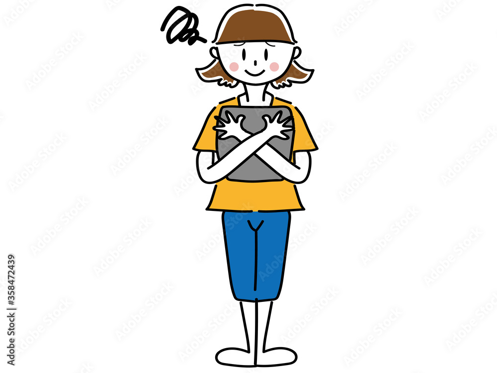 パソコンの仕様に困るシンプルな主婦女性母親女性のベクターで描いたイラスト素材