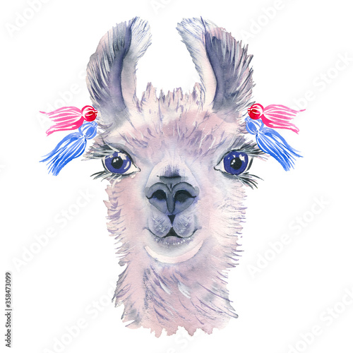 Cute hand drawn llama with national mexican ornaments, bells. Woolen Alpaca from Mexico.